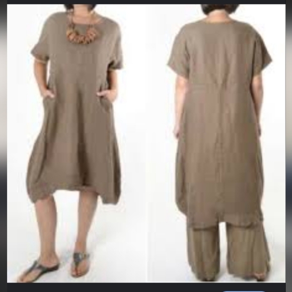 Bryn Walker Linen Light Chocolate Brown Bohemian Lagenlook Loose Fit Dress M - Picture 2 of 8